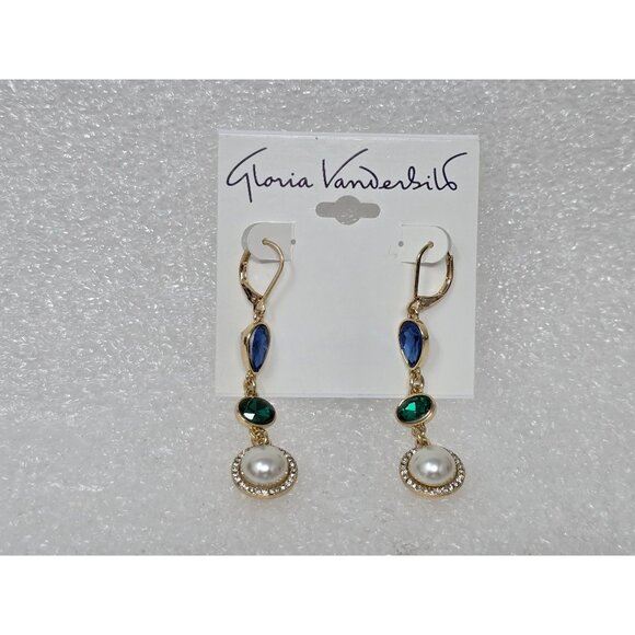 Gold Drop Earrings Blue & Green Stones & Faux Pearl Accents By Gloria Vanderbilt - Picture 2 of 2